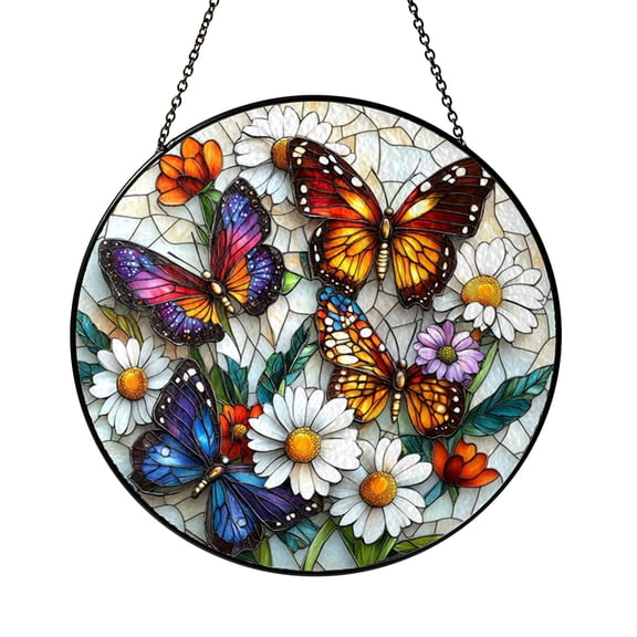 Botanical Butterfly Faux Stained Glass Suncatcher, Window Hanging Decor with Wildflower Harmony