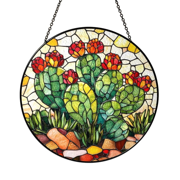 Botanical Cactus Faux Stained Glass Round Window Decor2001