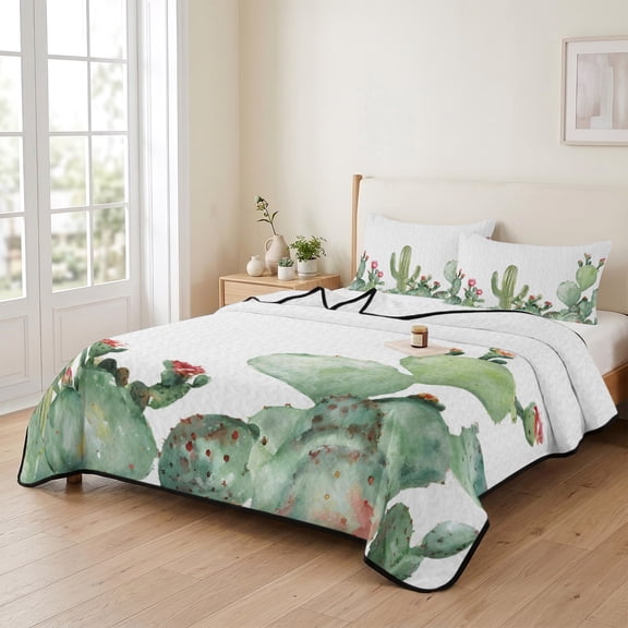 Botanical Cactus Flower 3 Pieces Quilt Set,1 Quilt with 2 Shams,Watercolor Tropical Plants Bedspread Soft Lightweight Bedding Coverlet Comforter Set for All Season 90"x96"