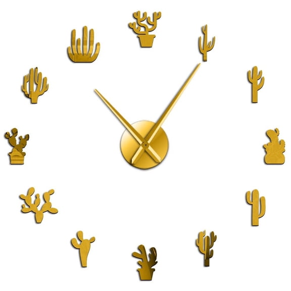Botanical Cactus Silouette Frameless Wall Clock Stickers, DIY Modern Decorative Clocks for Living Room, Bedroom, Office - Easy to Install, Large 3D Clock Design (Gold,47in)