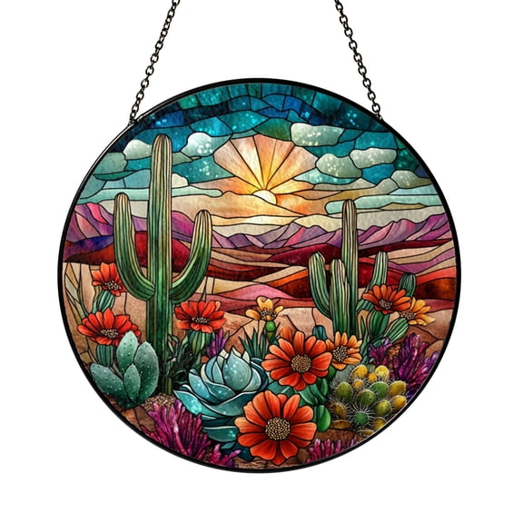 Botanical Cactus Stained Glass Suncatcher, Window Hanging Decorative Art