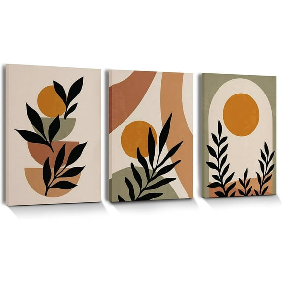 Botanical Canvas Art Wall, Boho Wall Decor for Living Room, Set of 3, Minimalist Orange Sun Canvas Artwork Paintings Wall Decor for Bedroom, Office, 12x16 Inch