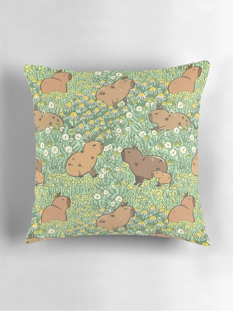 Botanical Capybaras Green Wildflower Meadow Throw Pillow Cover, Double ...