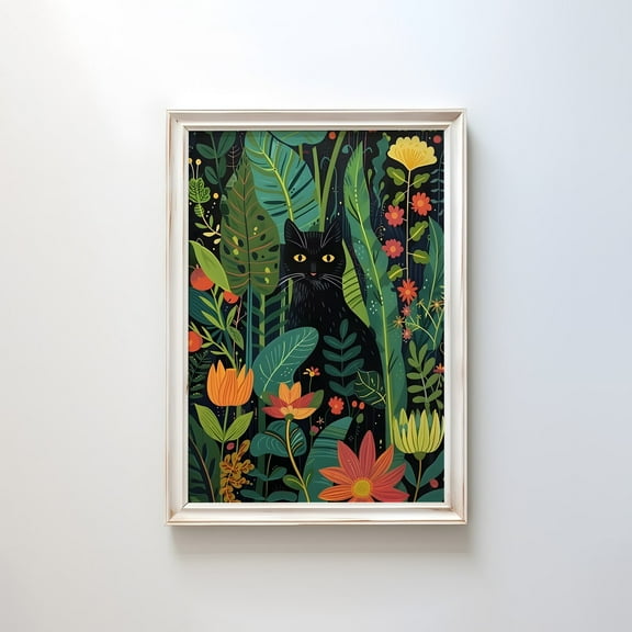 Botanical Cat Black Cat Flowers, Unframed Canvas Size 16x24