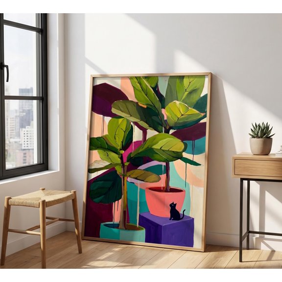 Botanical Cat Print , Colorful Fiddle Leaf Fig Art, Dopamine Decor Poster, Black Cat Wall Decor, Boho Indoor Plant , Poster Print Only