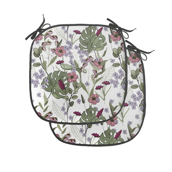 Botanical Chair Seating Cushion Set of 4, Digital Illustration of Various Flowers Blossom and Exotic Monstera Leaves, Seat Pads for Office with Anti-slip Backing, 16"x16", Multicolor, by Ambesonne