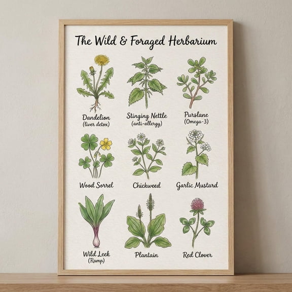 Botanical Chart Style Wall Art Wild Foraged Herbarium Print Medicinal Herbs Kitchen Decor