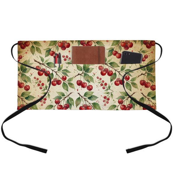 Botanical Cherry Waitress Apron with 3 Pockets, Vintage Brown Forest Fruits Green Branch Server Aprons Waterproof Kitchen Restaurant Half Waist Apron for Men Women