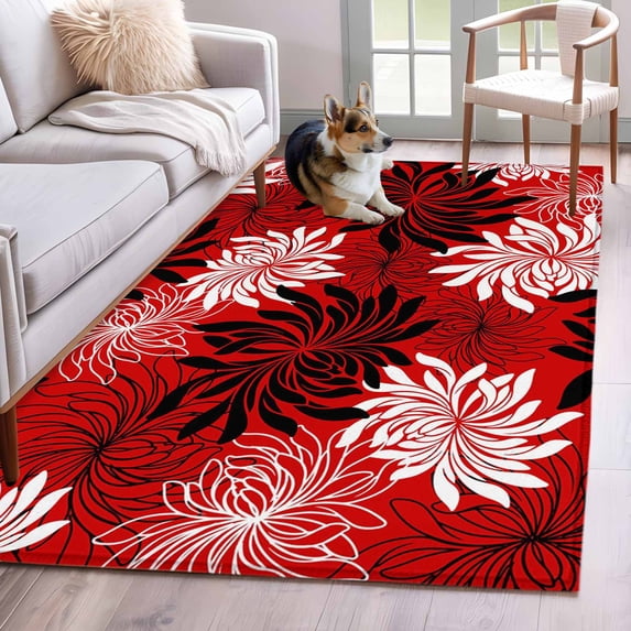 Botanical Chrysanthemum Area Rugs 4'x6', Washable Small Throw Rugs for Office Bathroom, Abstract Spring Floral Red Black Indoor Outdoor Rug Non-Slip Low Pile Carpet Runner Reversible Floor Mats