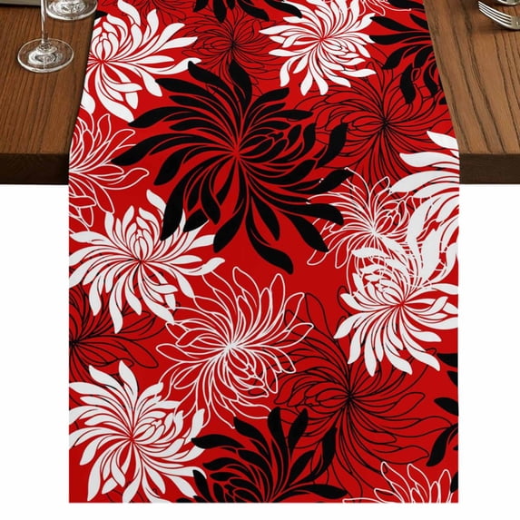 Botanical Chrysanthemum Burlap Cotton Table Runner 13x36 Inches Short, Abstract Spring Floral Red Black Farmhouse Table Runners, Outdoor Dining Tablecloths Decor for Baby Shower/Party/Wedding