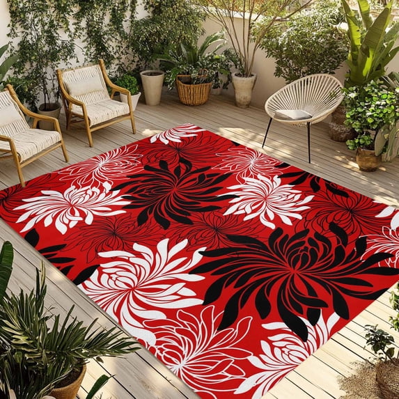 Botanical Chrysanthemum Outdoor Rug for Patio/Deck/Porch, Non-Slip Large Area Rug 6 x 9 Ft, Abstract Spring Floral Red Black Indoor Outdoor Rugs Washable Area Rugs, Camping Rug Carpet Runner