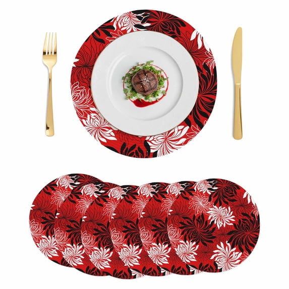 Botanical Chrysanthemum Round 13 Inch Placemats Set of 6, Abstract Spring Floral Red Black HeatResistant Non Slip Place Mats for Dining Table, Wipeable Braided Kitchen Table Mats for Housewarming