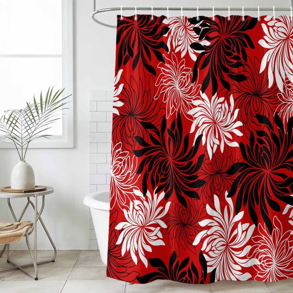 Botanical Chrysanthemum Shower Curtain Set, Waterproof Shower Curtains for Bathroom, Abstract Spring Floral Red Black Washable Fabric Cloth Bath Curtain for Bathtub Decoration with Hooks 72x78 Inches