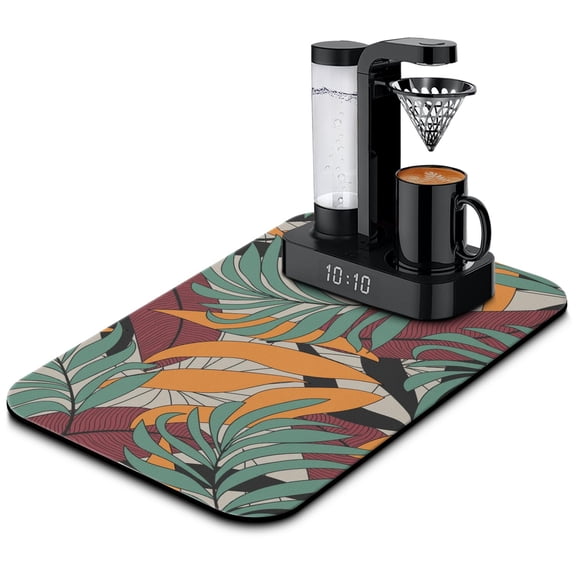 Botanical Coffee Station Mat - Tropical Palm Leaf, Quick-Dry, Slip-Resistant, Multi-Use