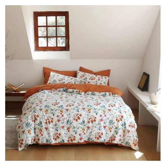 Botanical Comforter Queen Orange Sage Floral Plant Bedding Set Garden Pattern Printed Women Comforter 3 PCs Girls Breathable Orange Floral Bed Comforter Set