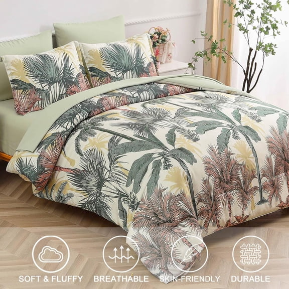 Botanical Comforter Set King, 7 Pieces Green Palm Tree Bed in a Bag, Reversiable Soft Microfiber Bedding Set with Comforter, Flat Sheet, Fitted Sheet, Pillow Shams & Pillowcases