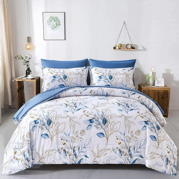 7Pcs Blue Botanical Queen Size Comforter Set Bed in a Bag Bedding Set Adult (90"x90")