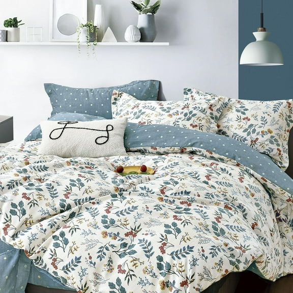 Botanical Cotton Comforter Queen Size - Lake Green Comforter with Dusky Blue & Warm Rust Leaves on Ivory,Reversible Lightweight Bedding Sets 3Pcs(Polka Dot)