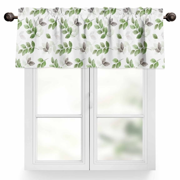 Botanical Country Valances for Windows, 42 x 18in, Green Eucalyptus Leaves White Background Rod Pocket Kitchen Valance Curtain Light Filtering Window Treatments for Living Room Bedroom, 1 Panel