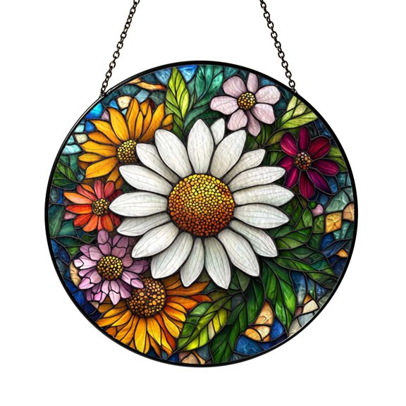 Botanical Country Wreath Window Sign, Stained Glass Look Flowers, Charming Home Decoration