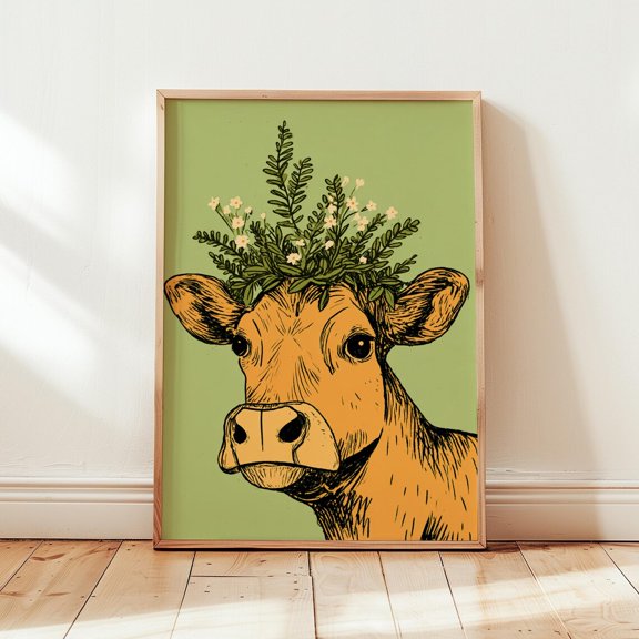 Botanical Cow Folk Art Print Cottagecore Animal Wall Decor Paper Print
