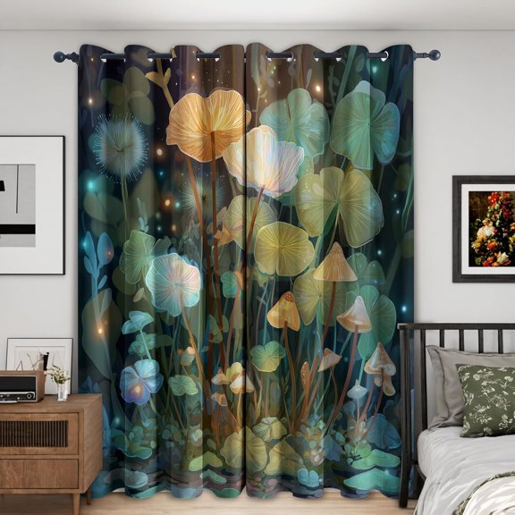 Botanical Curtains 2 Panel Set,Blackout Curtains Green Leaf Mushroom Pattern, Botanical Decor for Living Room Bedroom, Thermal & Darkening Grommet Drapes-42"W x 45"L (Pack of 2)