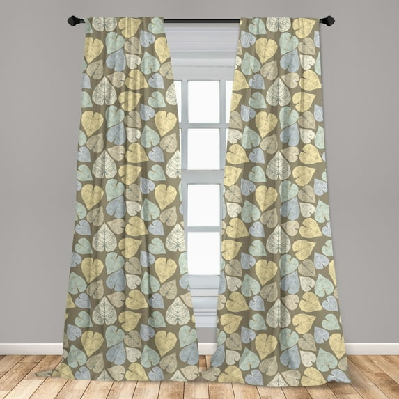 Botanical Curtains 2 Panels Set, Abstract Autumn Themed Repeating Pattern of Heart Shaped Leaves, Window Drapes for Living Room Bedroom, 56"W X 84"L, Dark Tan and Multicolor, by Ambesonne