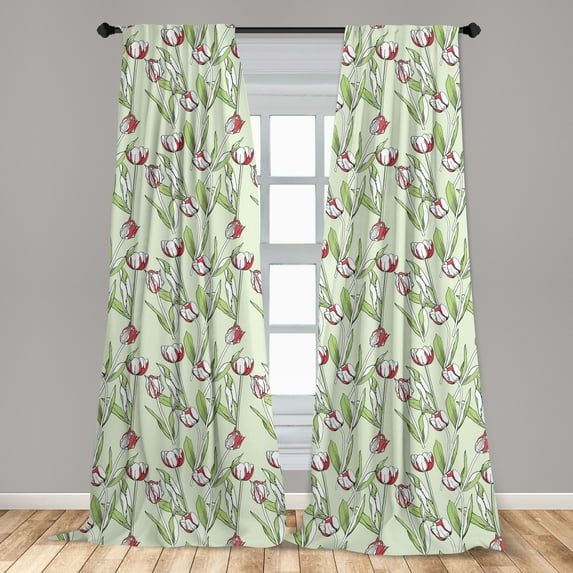 Botanical Curtains 2 Panels Set, Continuous Pattern of Abstract Tulips, Window Drapes for Living Room Bedroom, 56"W X 95"L, Pastel Green Magenta, by Ambesonne