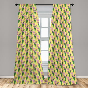 Botanical Curtains 2 Panels Set, Continuous Pattern of Cactus and Flowers Garden Art, Window Drapes for Living Room Bedroom, 56"W X 63"L, Fern Green Pink, by Ambesonne