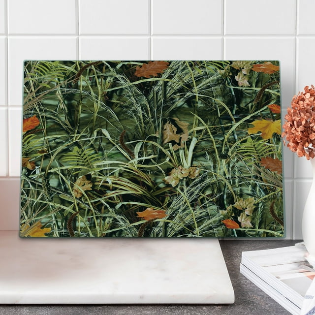 Botanical Cutting Board, Close up Autumn Themed Nature View Photo with Sere Leaves and Herbs, Decorative Tempered Glass Cutting and Serving Board, in 3 Sizes, by Ambesonne