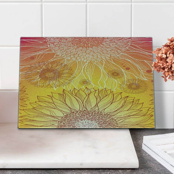 Botanical Cutting Board, Sunflowers in Warm Colors Doodle Agriculture Design Blooming Plants, Decorative Tempered Glass Cutting and Serving Board, Small Size, Orange Yellow Burgundy, by Ambesonne