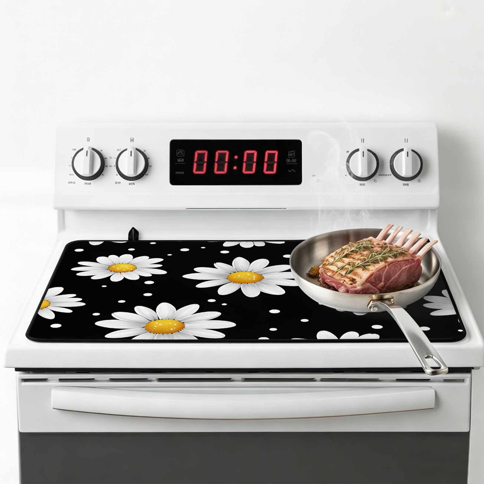 Botanical Daisy Stove Top Cover for Electric Stove, Heat-proof & Non Slip Glass Top Stove Cover Protector, Spring Flowers Branch Stems Kitchen Flat Cooktop Rubber Mat 24x21 Inches