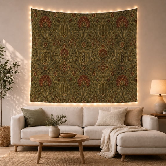 Botanical Damask Floral Medallions on Green, Cozy Vintage Style for Botanical Art Lovers, Floral Wall Decor Housewarming Gift, Tapestry Wall Hanging for Bedroom and Living Room