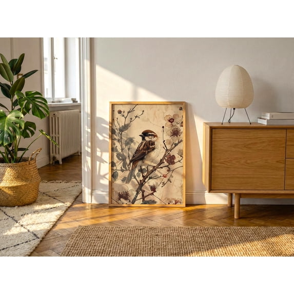 Botanical Dark Academia Sparrow Moody Bird Art Antique Naturalist ...