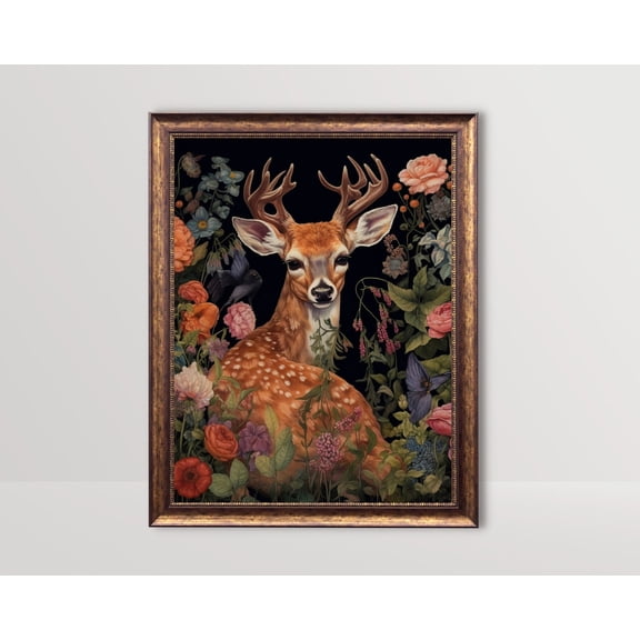 Botanical Deer, Dark Gothic Cottagecore Art, Moody Floral, Goth Wall Art Decor, Fairycore , Dark Academia Poster Aesthetic, Unframed Poster Size 12x18