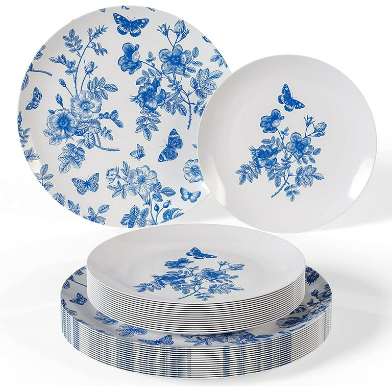 25 White with Blue 8 in Floral Dessert Paper Plates with Scallop Trim