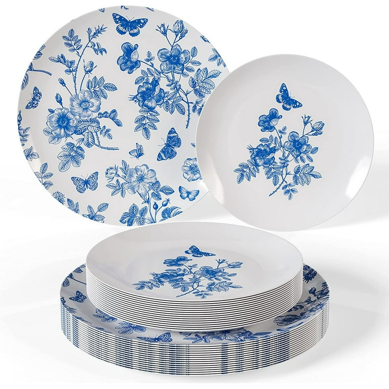 25 White Round Disposable Paper Plates with Blue Floral Design