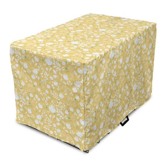 Botanical Dog Crate Cover, Hibiscus Violet Blossoms Meadow Exotic Spring Revival Style Flourishes, Easy to Use Pet Kennel Cover Small Dogs Puppies Kittens, 7 Sizes, Pale Mustard White, by Ambesonne