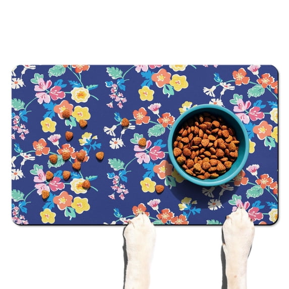 Botanical Dog Food Mat - Small Floral Design, Non-Slip Absorbent ...