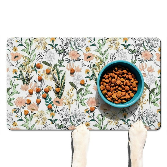 Botanical Dog Food Mat - Small Floral Design, Non-Slip Absorbent Placemat for Pet Bowls