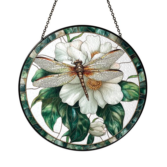 Botanical Dragonfly Flower Stained Glass Window Hanging, Unique Nature Art Accent for Bright Home Styling