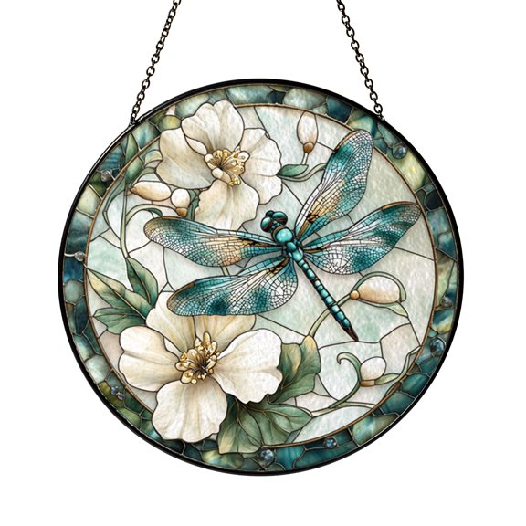 Botanical Dragonfly Glass Suncatcher Window Hanging, Stained Glass Effect Floral Nature Art