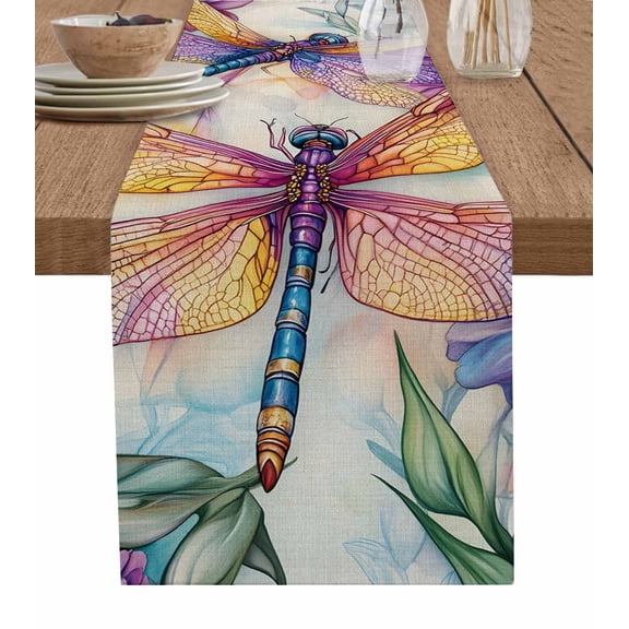 Botanical Dragonfly Table Runner Cotton Linen 108 Inch Holiday Dresser Scarves, Spring Watercolor Flower Leaf Tablerunner for Kitchen Coffee Dining Bedroom Living Room Dinner Scarf Décor 13''x108''
