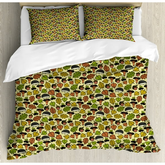 Botanical Duvet Cover Set, Autumn Leaves Chestnut Oak Maple Walnut and Hedgehog Nature Earth Tones Fall, Decorative 3 Piece Bedding Set with 2 Pillow Shams, Calking Size, Multicolor, by Ambesonne