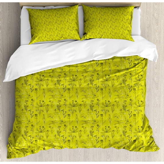 Botanical Duvet Cover Set, Continuous Pattern with Healthy Plants, Decorative 3 Piece Bedding Set with 2 Pillow Shams, King Size, Yellow Green Grey, by Ambesonne