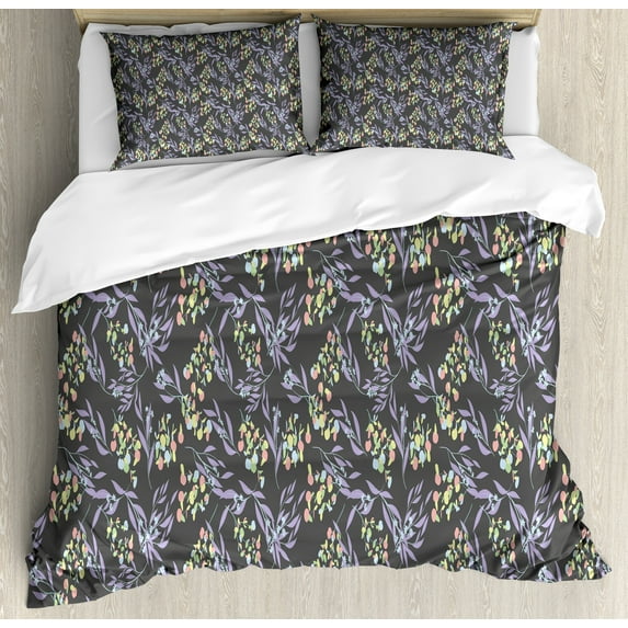 Botanical Duvet Cover Set, Eucalyptus Leaves and Branches Exotic Summer Blooms Art Repetition, Decorative 3 Piece Bedding Set with 2 Pillow Shams, King Size, Dimgray and Multicolor, by Ambesonne