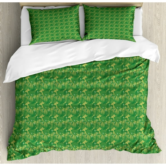 Botanical Duvet Cover Set, Hosta Plants Foliage Exotic Leaves Gardening Growth Feng Shui Pattern, Decorative 3 Piece Bedding Set with 2 Pillow Shams, King Size, Fern Green and Mustard, by Ambesonne
