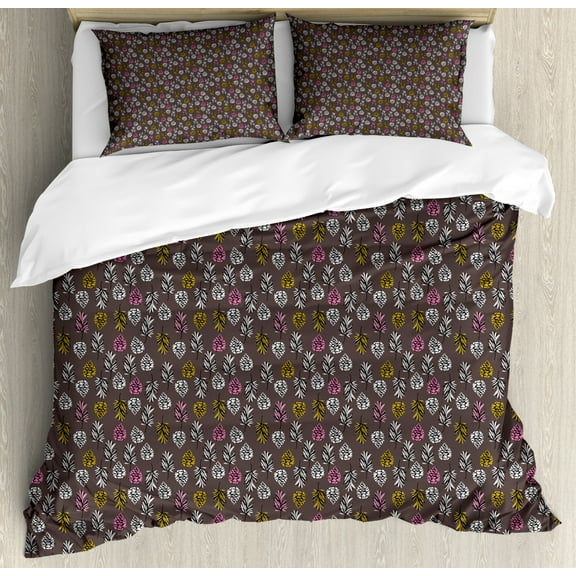 Botanical Duvet Cover Set King Size, Autumn Pattern with Leaves and Pine Cones, Decorative 3 Piece Bedding Set with 2 Pillow Shams, Dark Mauve Pink Dark Yellow and White, by Ambesonne
