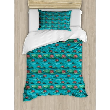 Botanical Duvet Cover Set, Lotus Flowers on the Lake Water Lilies Exotic Boho Pond Pattern, Decorative 2 Piece Bedding Set with 1 Pillow Shams, Twin Size, Sea Blue Coral Green, by Ambesonne