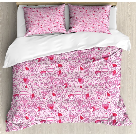 Botanical Duvet Cover Set, Love Flowers Doodle with Heart Shapes Leaves and Blossom Petals Motif, Decorative 3 Piece Bedding Set with 2 Pillow Shams, King Size, Pink and Dark Coral, by Ambesonne